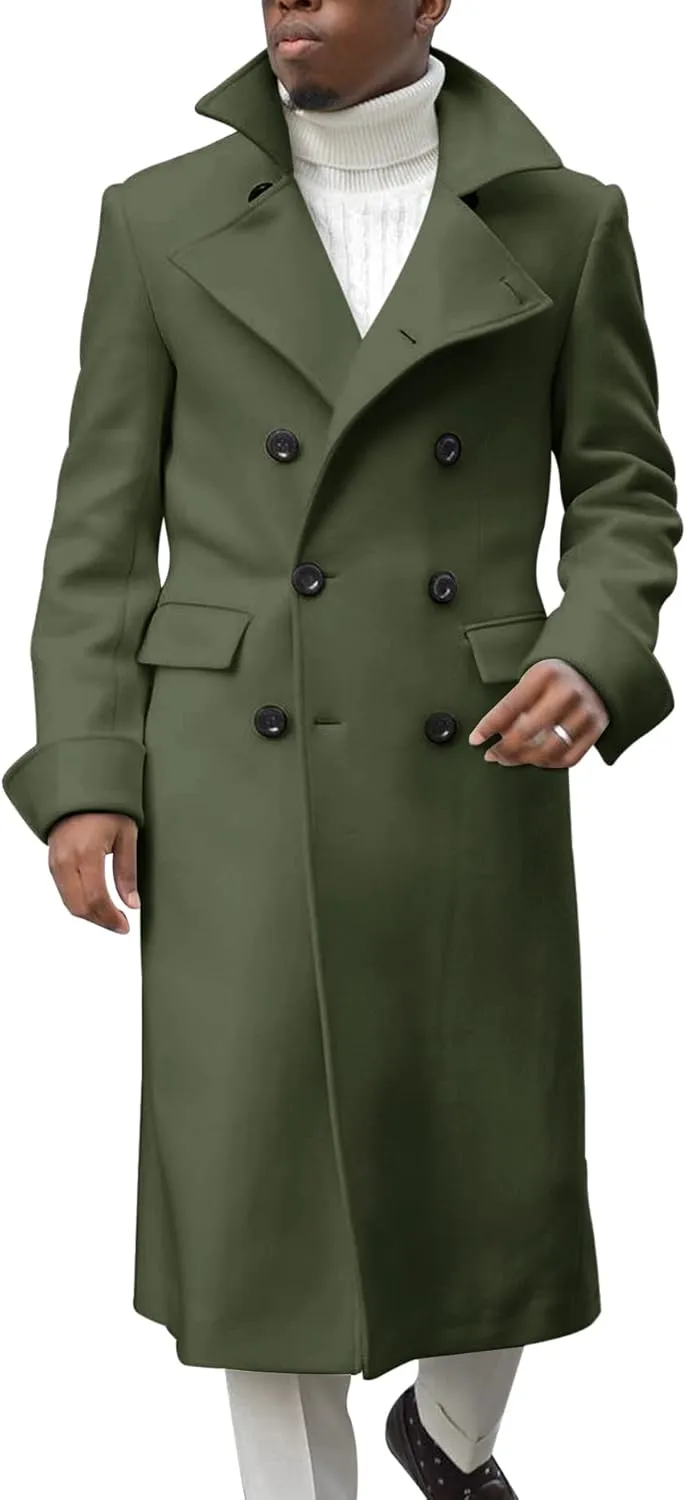Ebifin Men's Notch Lapel Double Breasted Long Trench Coat Casual Cotton Blend Peacoat