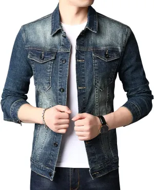 ebossy Men's Classic Single Breasted Unlined Distressed Denim Trucker Jacket