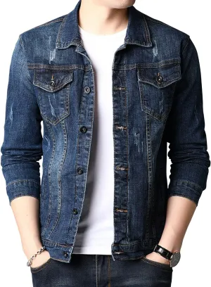 ebossy Men's Classic Single Breasted Unlined Distressed Denim Trucker Jacket