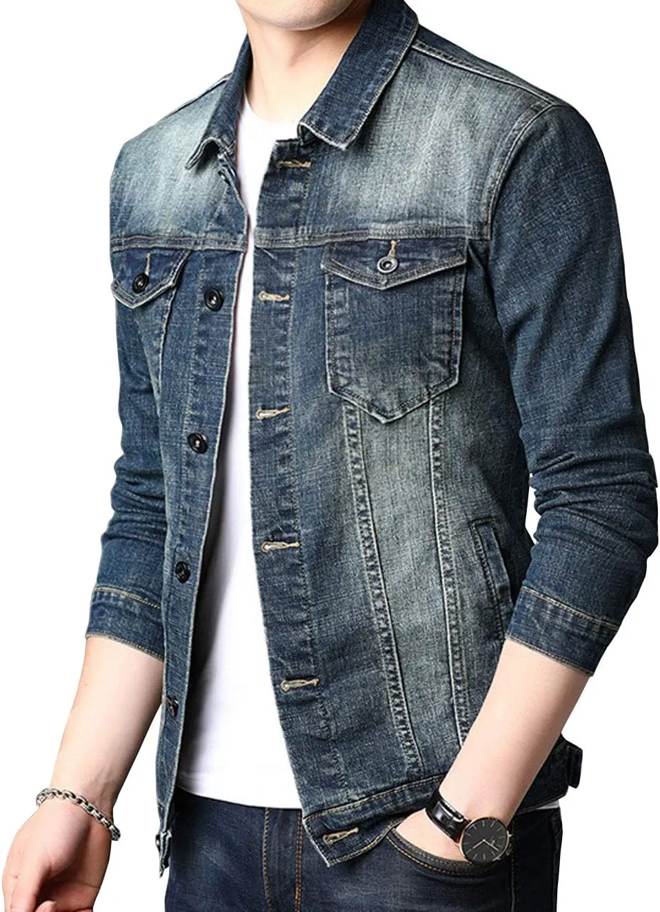 ebossy Men's Classic Single Breasted Unlined Distressed Denim Trucker Jacket