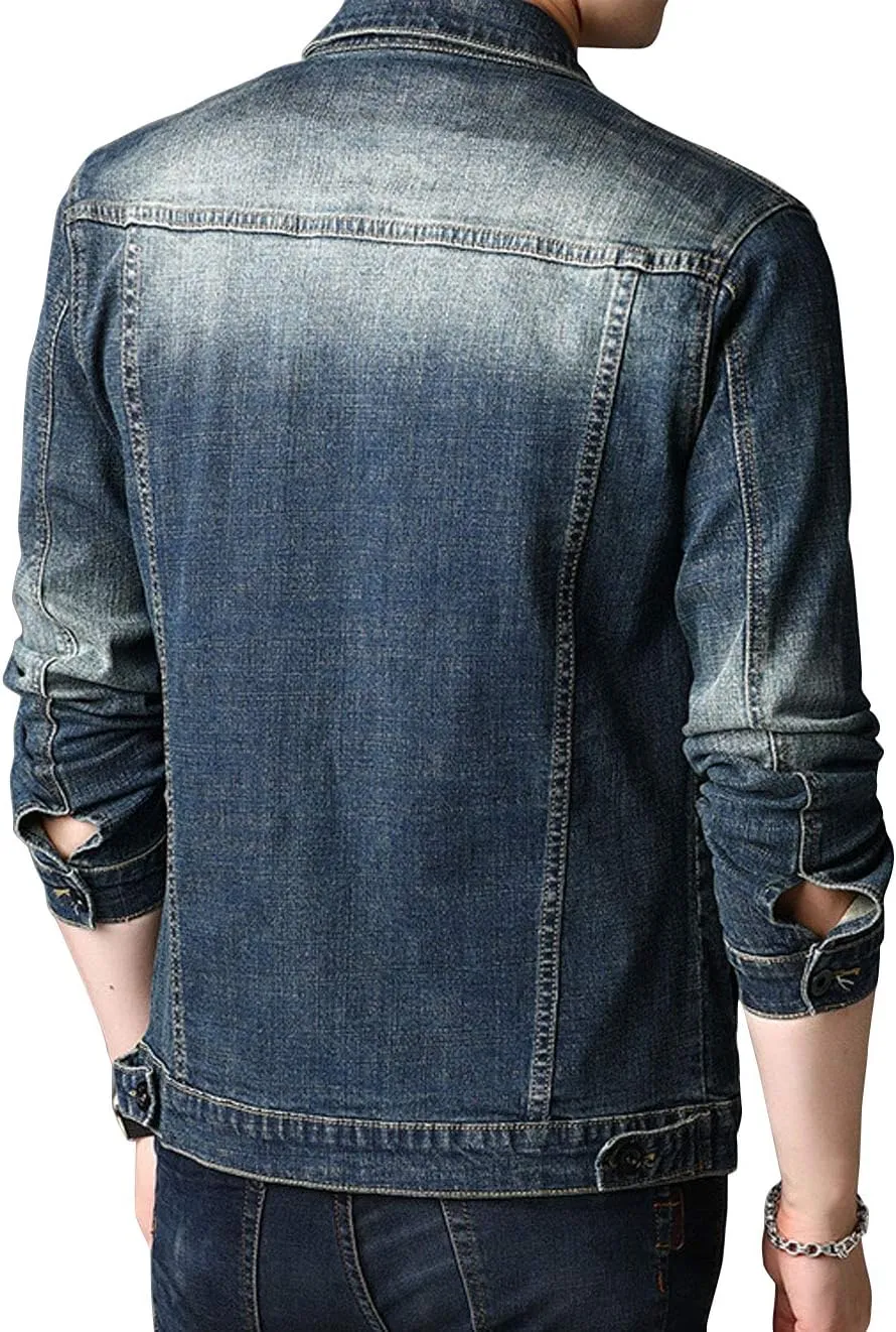 ebossy Men's Classic Single Breasted Unlined Distressed Denim Trucker Jacket