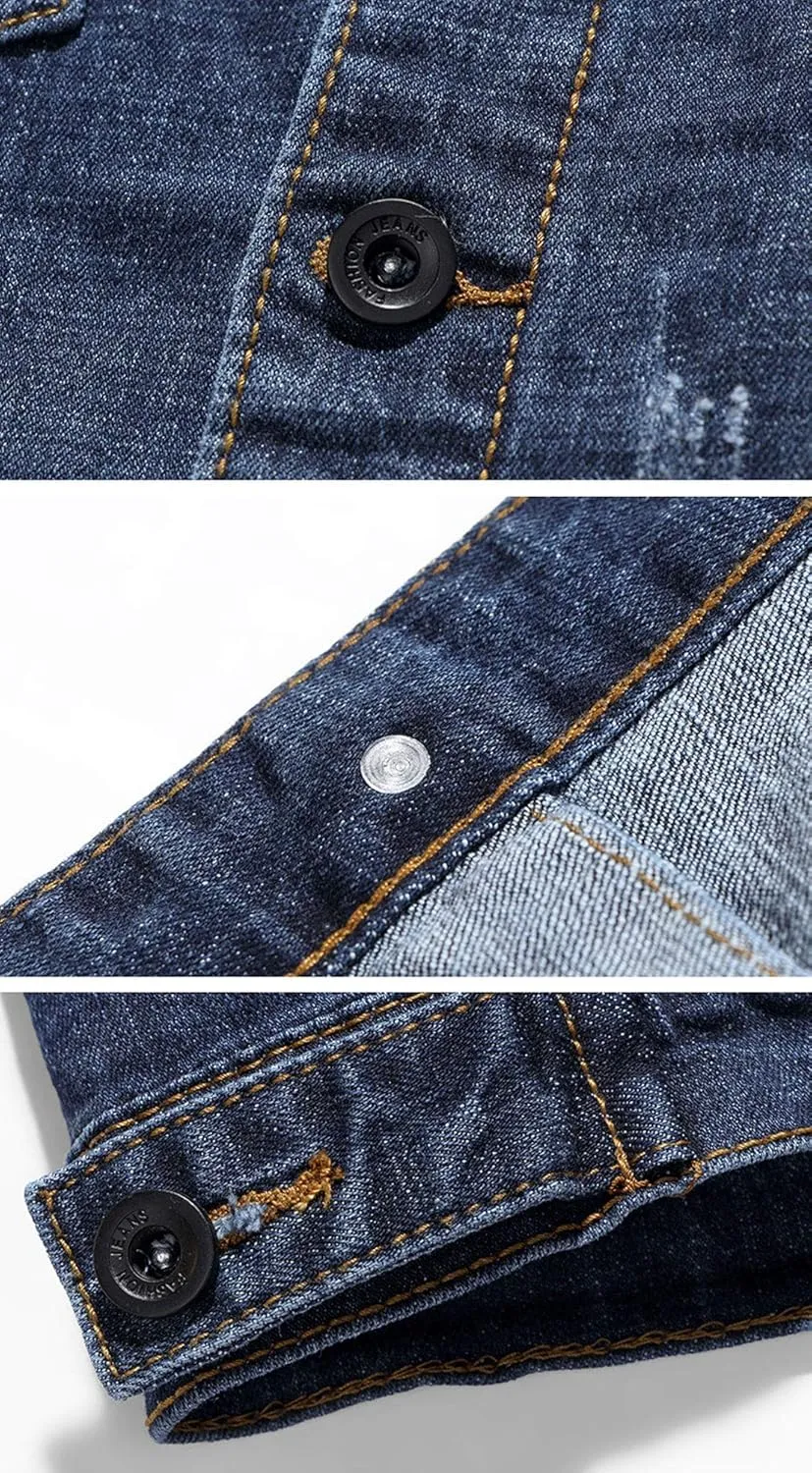 ebossy Men's Classic Single Breasted Unlined Distressed Denim Trucker Jacket