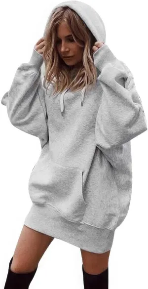 ebossy Oversized Hoodie Dress for Women Fall Warm Fleece Tunic Sweatshirt Pullover with Pockets