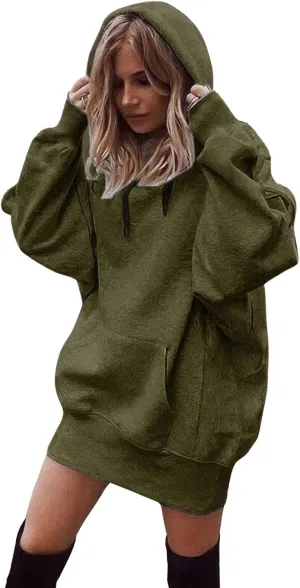 ebossy Oversized Hoodie Dress for Women Fall Warm Fleece Tunic Sweatshirt Pullover with Pockets