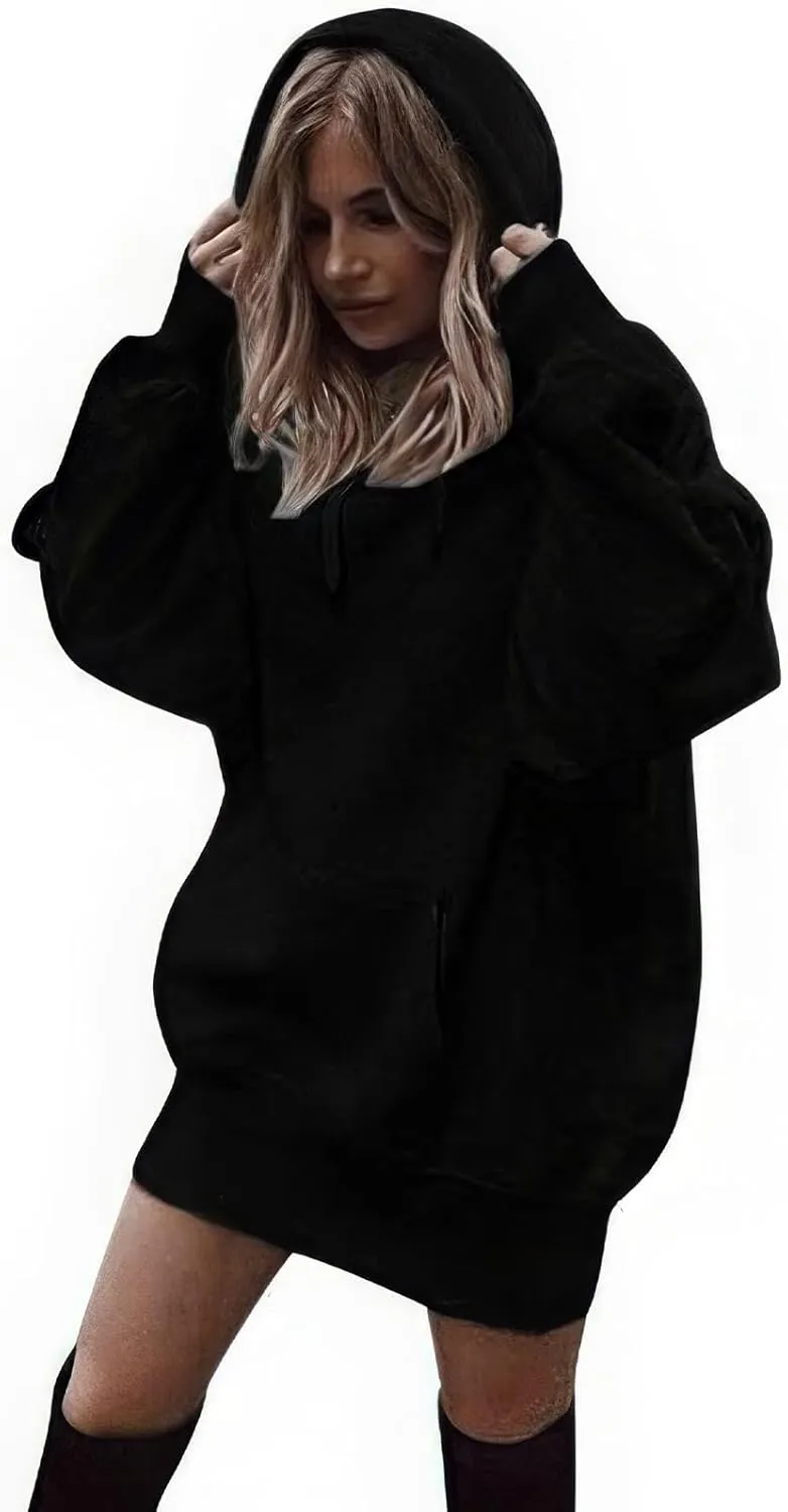 ebossy Oversized Hoodie Dress for Women Fall Warm Fleece Tunic Sweatshirt Pullover with Pockets
