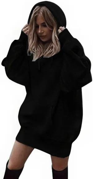 ebossy Oversized Hoodie Dress for Women Fall Warm Fleece Tunic Sweatshirt Pullover with Pockets