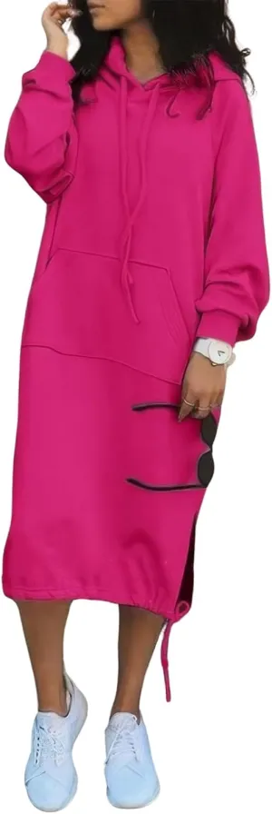 ebossy Women's Casual Loose Solid Color Drawstring Hoodie Fall Warm Fleece Sweatshirt Maxi Dress with Pocket