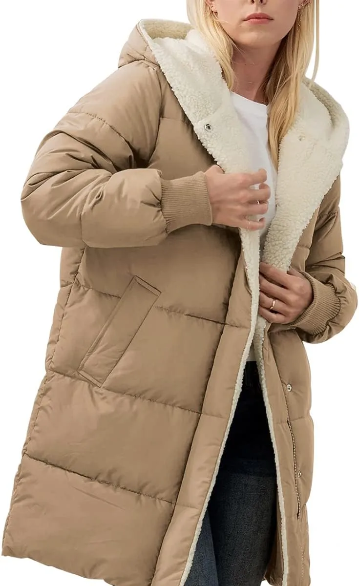 ebossy Women's Winter Warm Puffer Coat Hooded Down Jacket Cotton Padded Thicken Outwear with Sherpa Lined