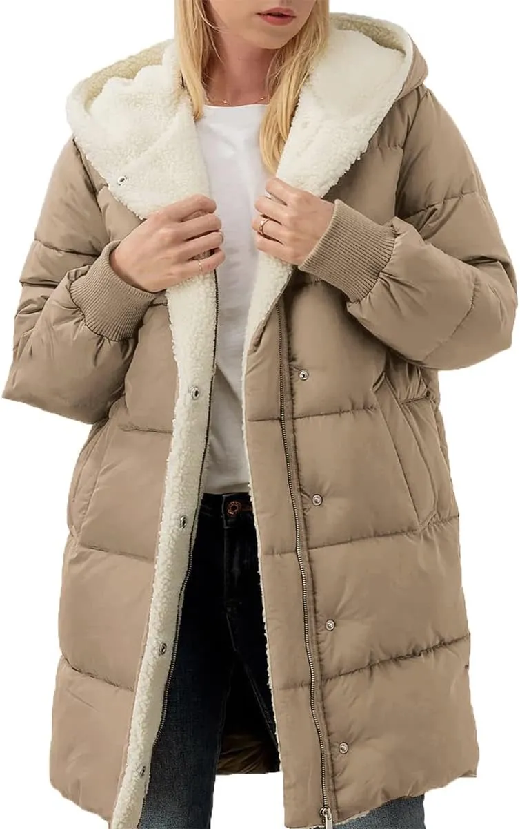 ebossy Women's Winter Warm Puffer Coat Hooded Down Jacket Cotton Padded Thicken Outwear with Sherpa Lined