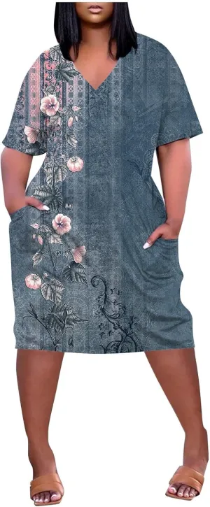 Eduavar Midi Dresses for Women 2024, Plus Size Summer Dresses for Women Lightweight V Neck Short Sleeve Floral Print Dress
