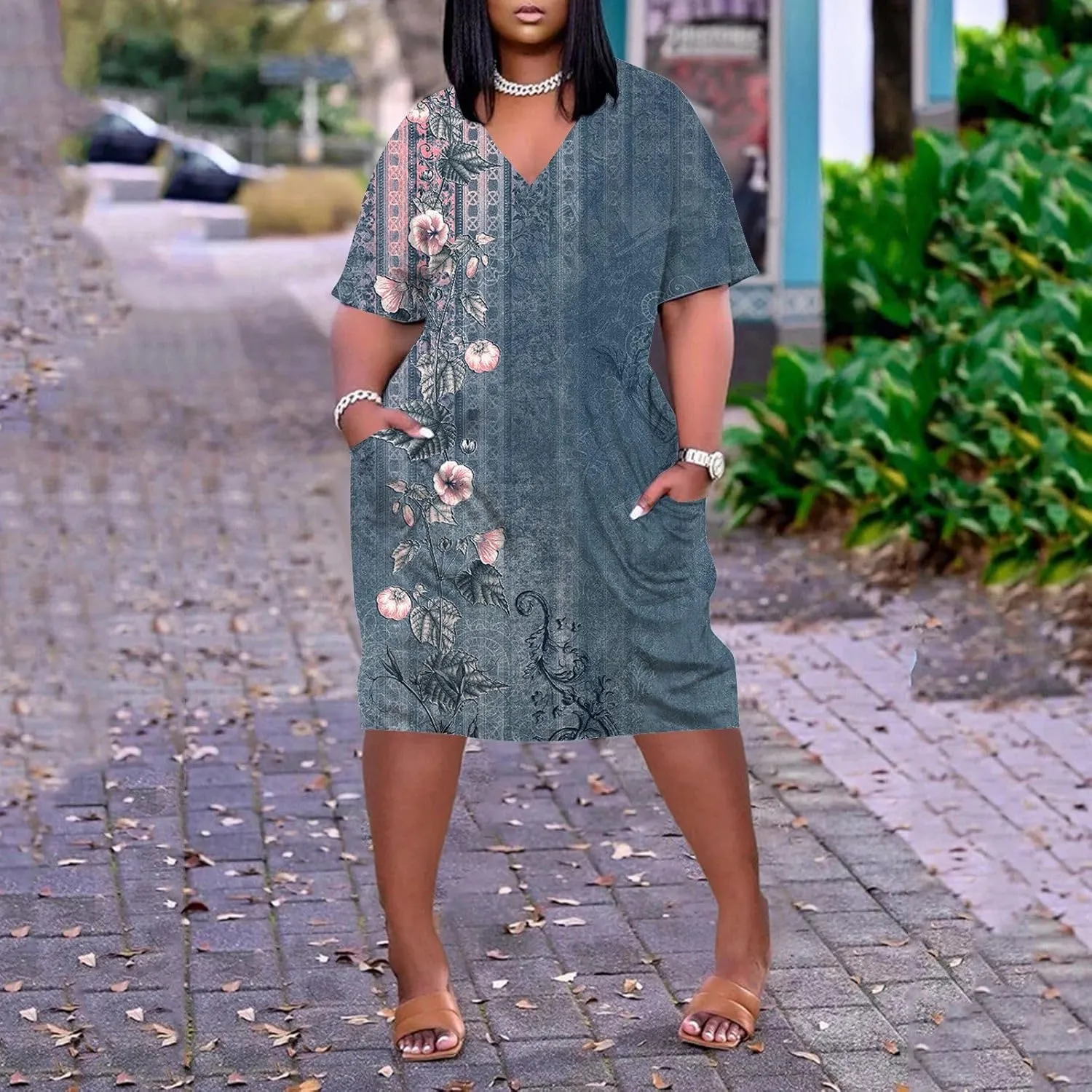 Eduavar Midi Dresses for Women 2024, Plus Size Summer Dresses for Women Lightweight V Neck Short Sleeve Floral Print Dress