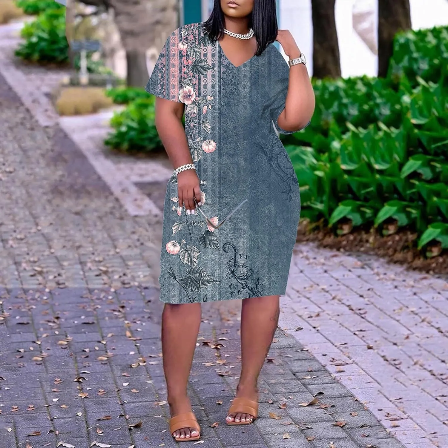 Eduavar Midi Dresses for Women 2024, Plus Size Summer Dresses for Women Lightweight V Neck Short Sleeve Floral Print Dress