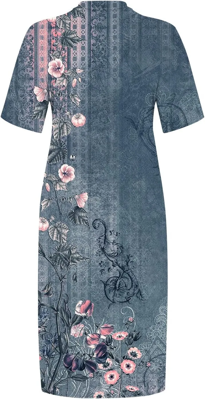 Eduavar Midi Dresses for Women 2024, Plus Size Summer Dresses for Women Lightweight V Neck Short Sleeve Floral Print Dress