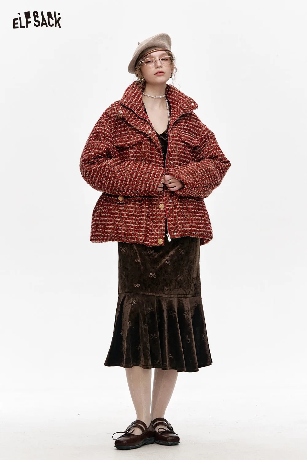 ELFSACK 2024 Winter New Arrivals Red plaid waist-adjustable stand-up collar short down jacket for women