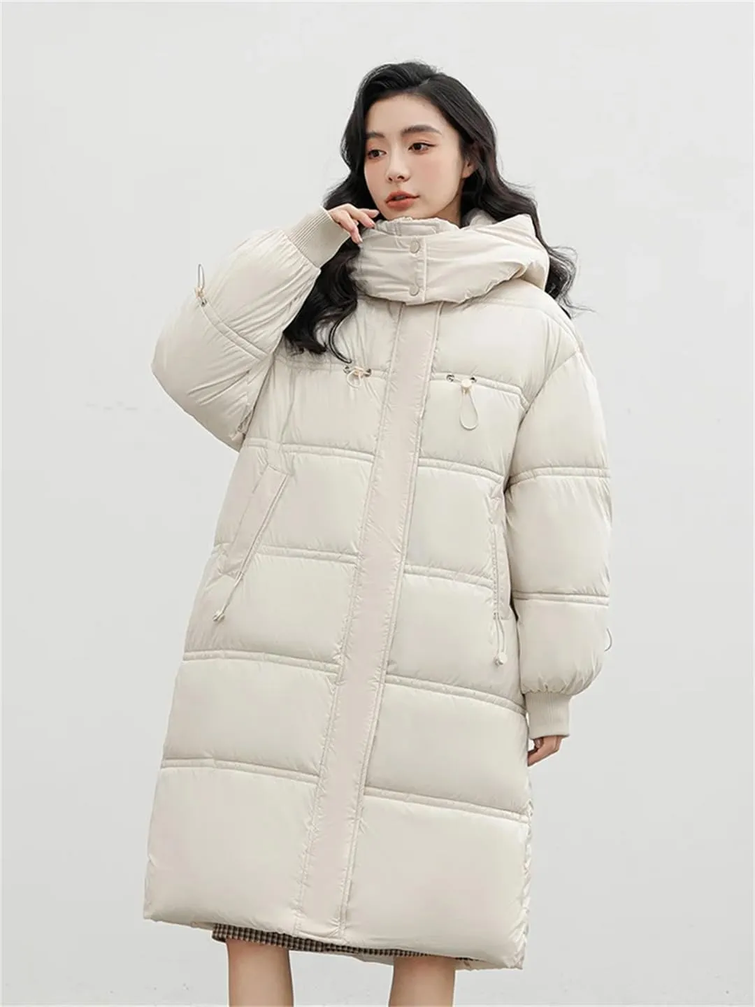 ERFMFKL Women Winter Puffer Jacket Padded Casual Cotton Long Hooded Parkas Clothes Wadded Warm Coat