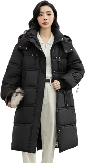 ERFMFKL Women Winter Puffer Jacket Padded Casual Cotton Long Hooded Parkas Clothes Wadded Warm Coat