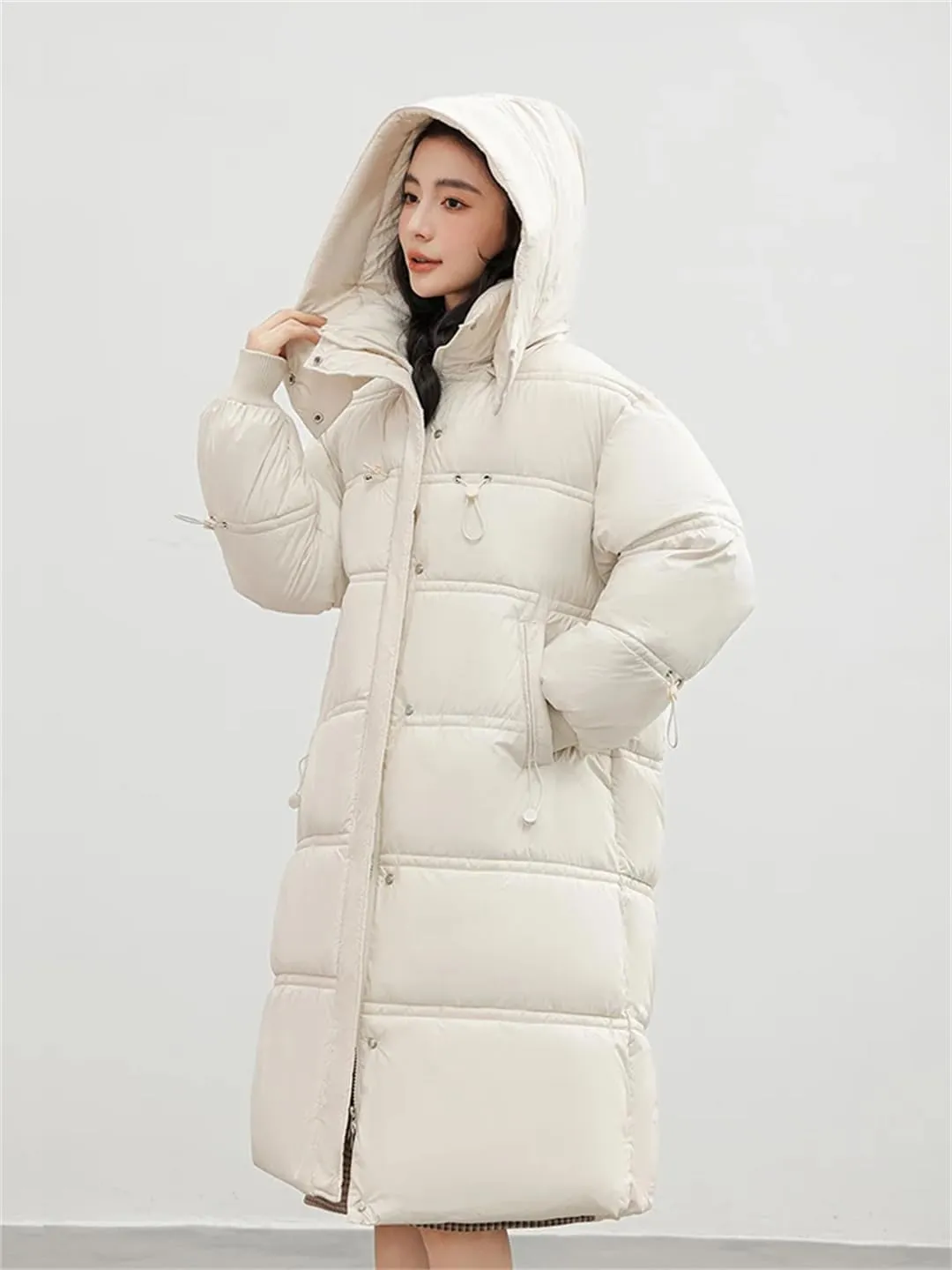 ERFMFKL Women Winter Puffer Jacket Padded Casual Cotton Long Hooded Parkas Clothes Wadded Warm Coat