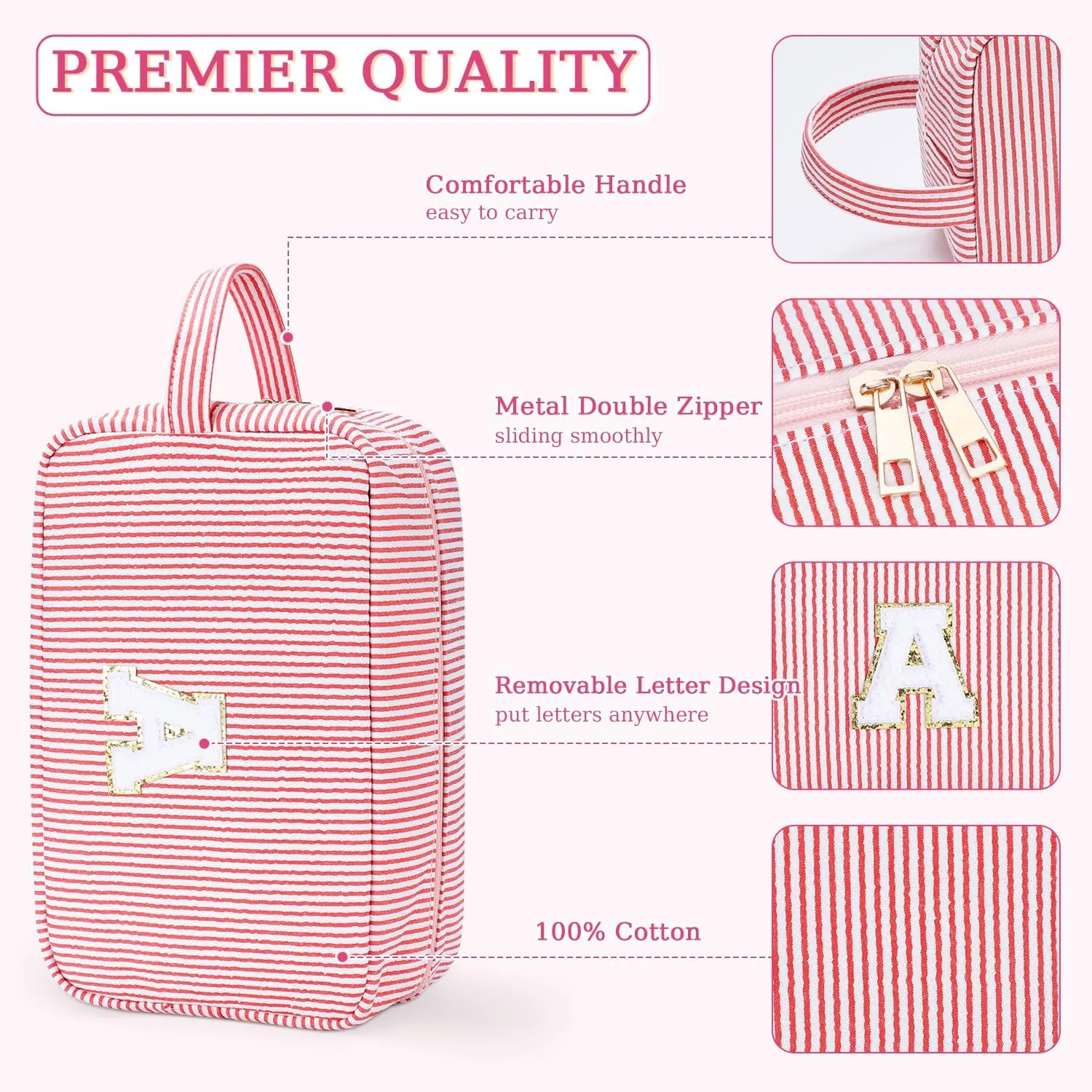 Etercycle Large Makeup Bag, Personalized Initial Cute Pink Makeup Case Bag Cosmetic Large Toiletry Make Up Bags With Zippered Inside Pocket L