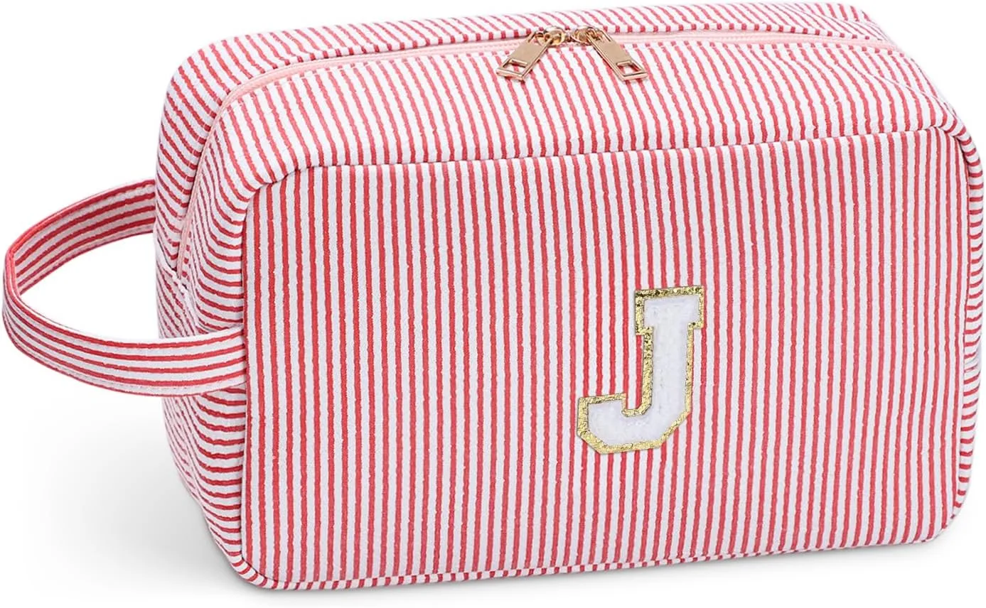 Etercycle Travel Makeup Bag, Personalized Cute Pink Initial Makeup Bag Monogrammed Gifts for Women Large Makeup Bags With Carry Handle and Inside Pocket J