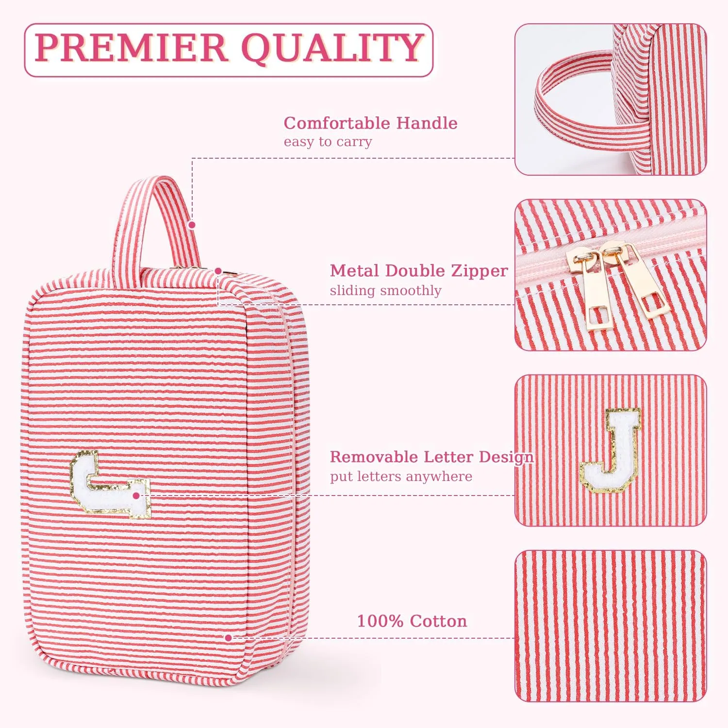 Etercycle Travel Makeup Bag, Personalized Cute Pink Initial Makeup Bag Monogrammed Gifts for Women Large Makeup Bags With Carry Handle and Inside Pocket J