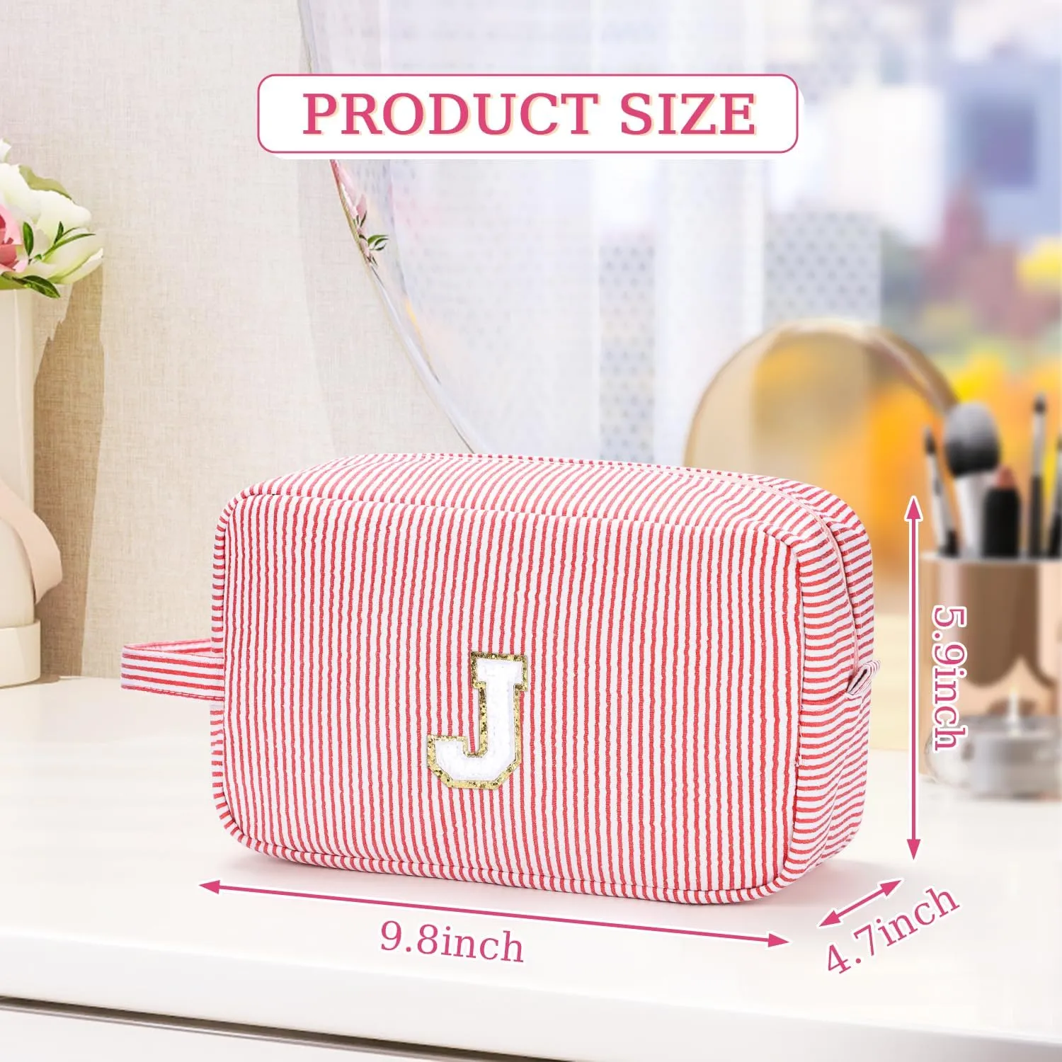 Etercycle Travel Makeup Bag, Personalized Cute Pink Initial Makeup Bag Monogrammed Gifts for Women Large Makeup Bags With Carry Handle and Inside Pocket J