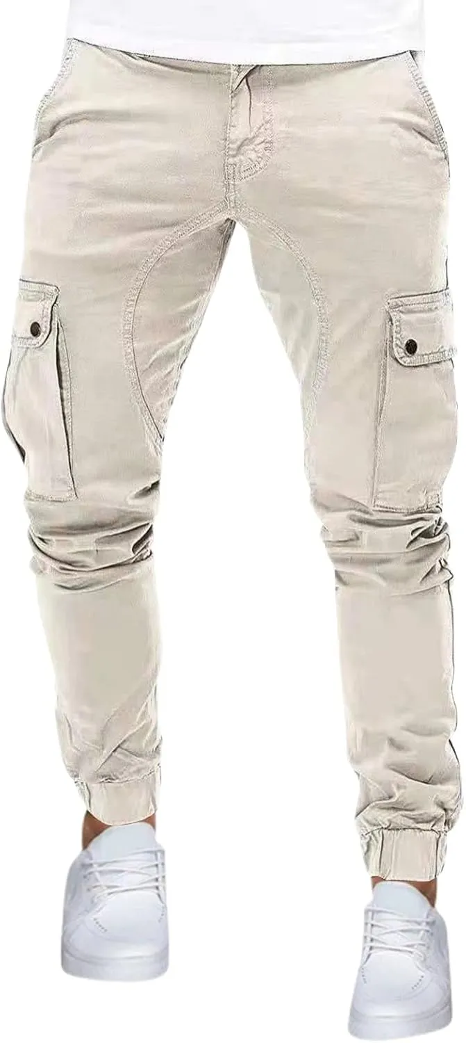 evzosrz Men's Multi Pocket Slim Fit Cargo Pants Military Outdoor Joggers Hiking Trousers Lightweight Closed Bottom Pant