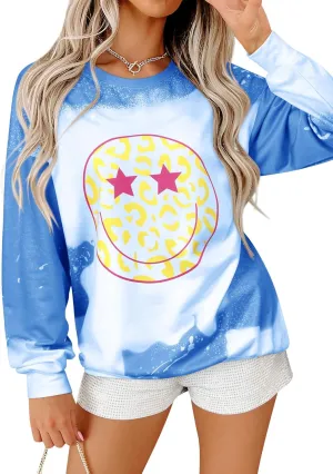 Ezcosplay Women Cute Face Sweatshirt Preppy Pullover Casual Long Sleeve Graphic Pullover Tops Shirts