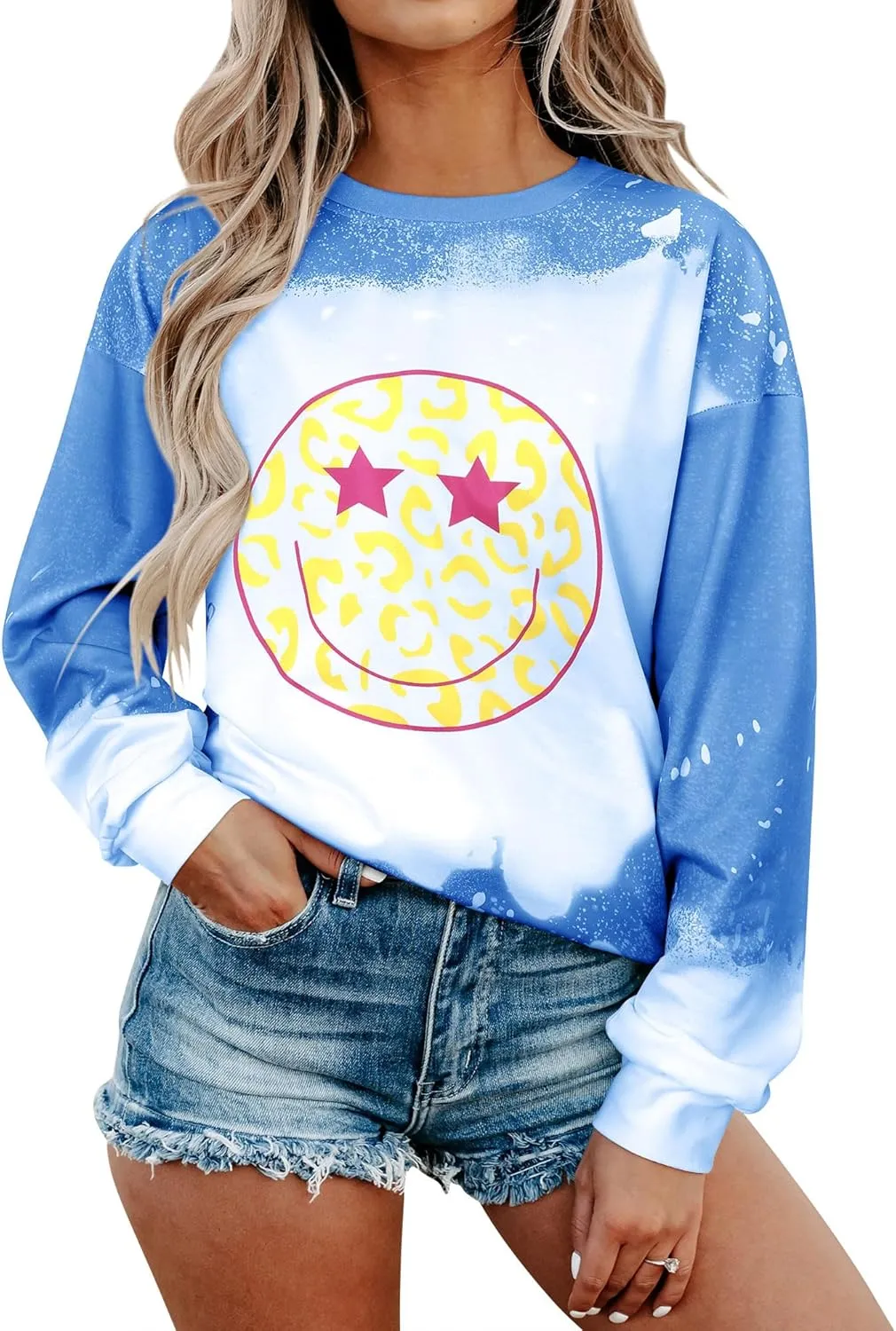 Ezcosplay Women Cute Face Sweatshirt Preppy Pullover Casual Long Sleeve Graphic Pullover Tops Shirts