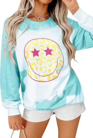 Ezcosplay Women Cute Face Sweatshirt Preppy Pullover Casual Long Sleeve Graphic Pullover Tops Shirts