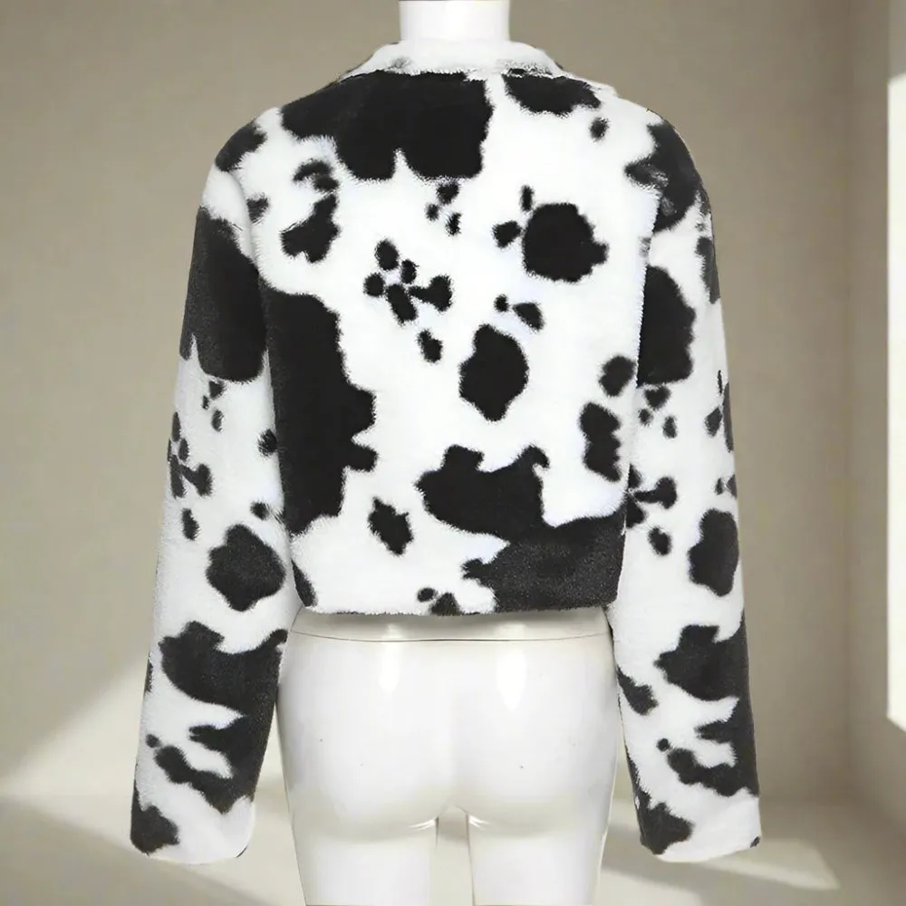 Fashion Cow Print Faux Fur Jacket - Punk Style Crop Coats