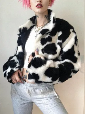 Fashion Cow Print Faux Fur Jacket - Punk Style Crop Coats
