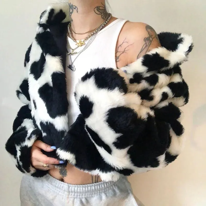 Fashion Cow Print Faux Fur Jacket - Punk Style Crop Coats