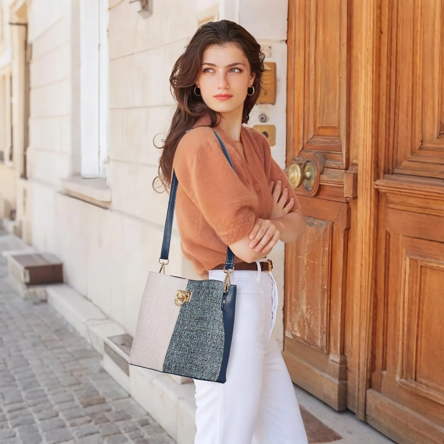 Fashion Leather Bucket Crossbody Bag for Women, Multi-Pocket Shoulder Purse