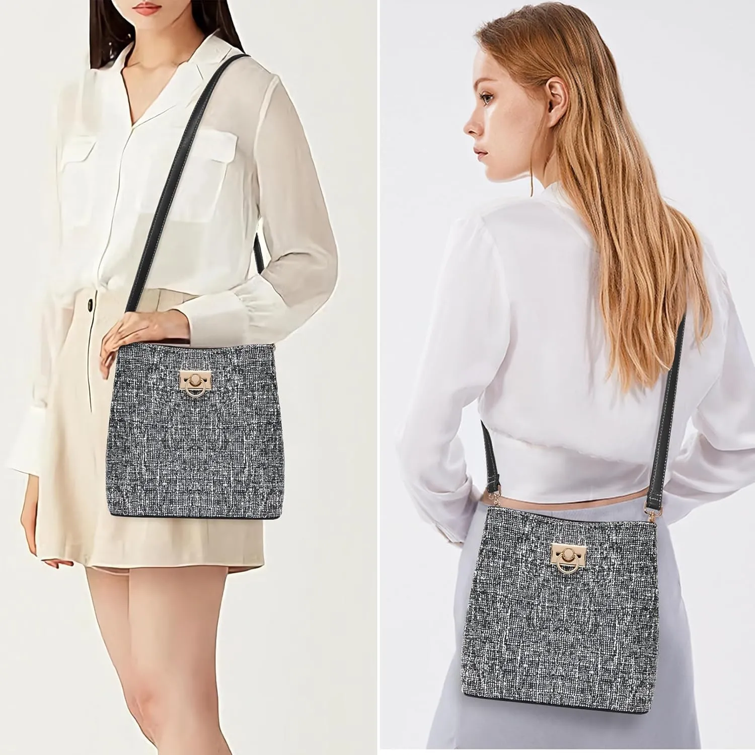 Fashion Leather Bucket Crossbody Bag for Women, Multi-Pocket Shoulder Purse