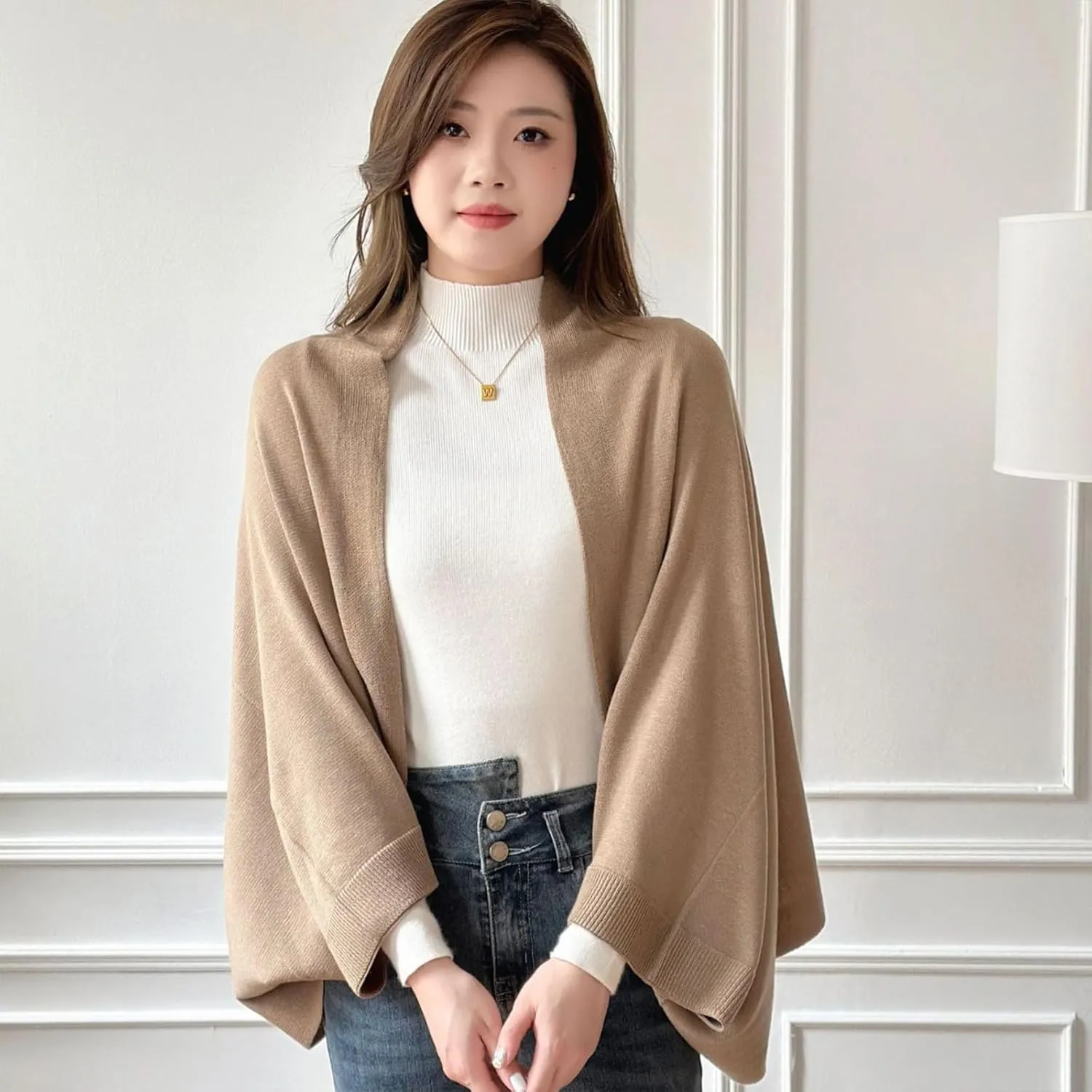 Faux Cashmere Warm DualPurpose Shawl Scarf Cardigan Women's Winter Soft Lightweight Shrug Wraps with Sleeves