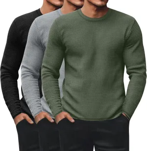 Ficerd 3 Pack Men's Waffle Long Sleeve Shirts, Crew Neck Thermal Underwear Tops Casual Pullover Sweaters Knit Undershirts