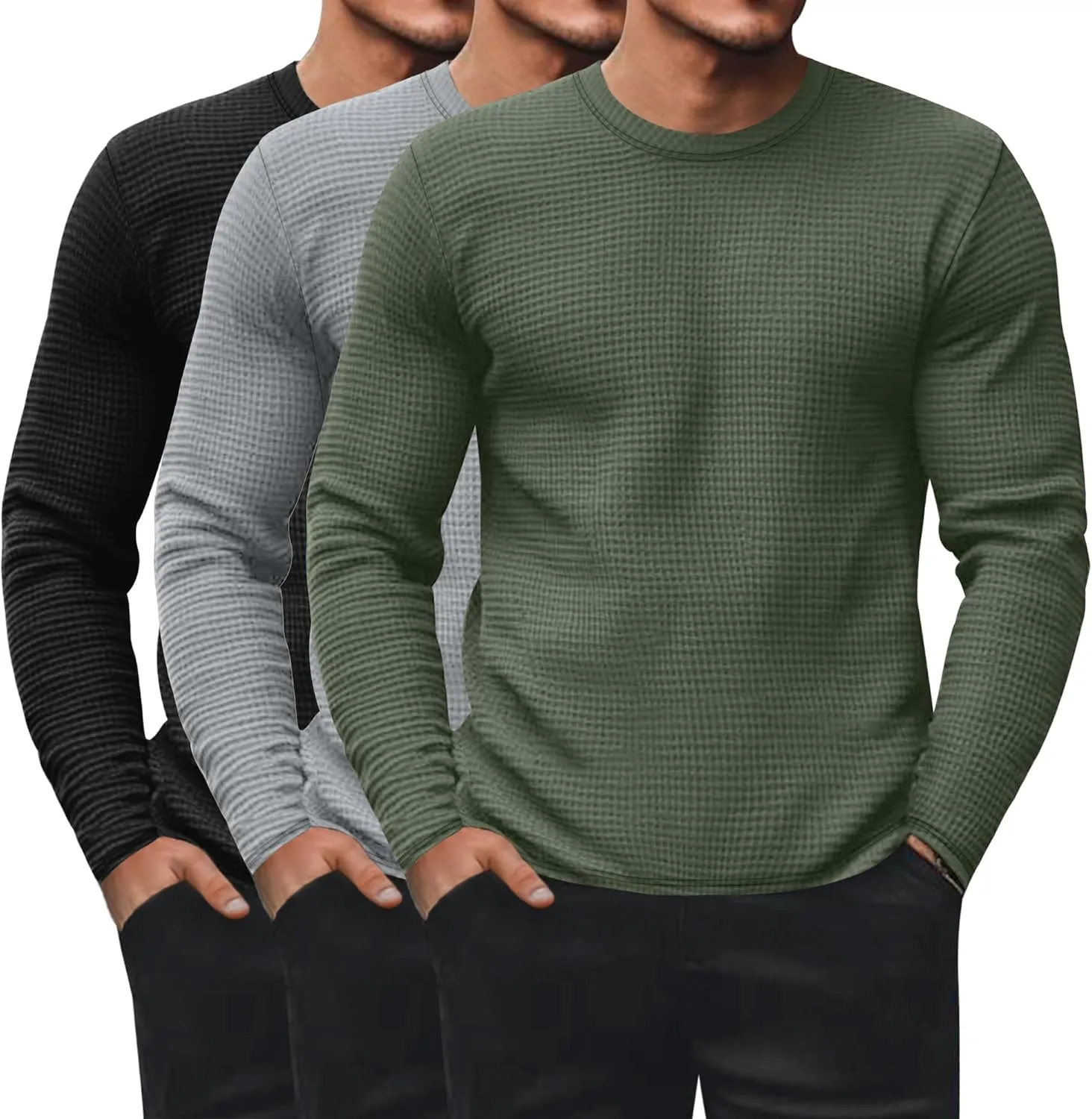 Ficerd 3 Pack Men's Waffle Long Sleeve Shirts, Crew Neck Thermal Underwear Tops Casual Pullover Sweaters Knit Undershirts