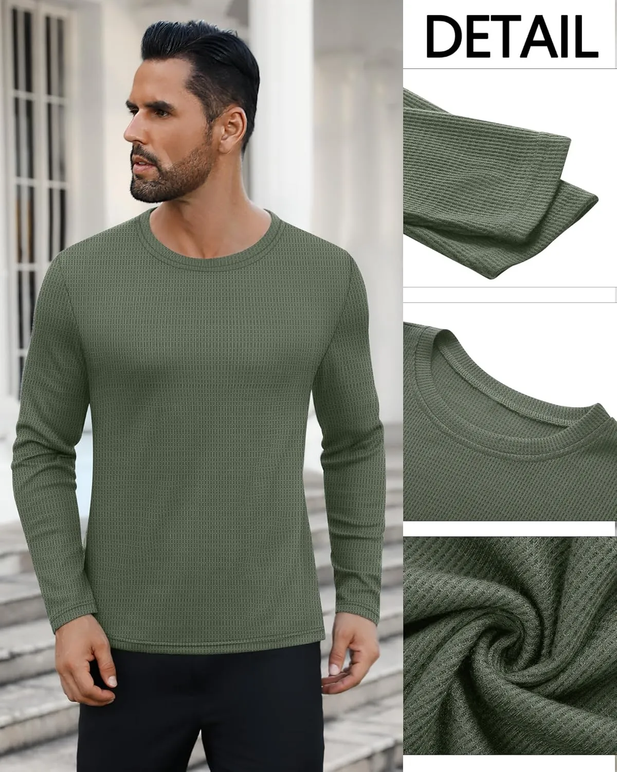 Ficerd 3 Pack Men's Waffle Long Sleeve Shirts, Crew Neck Thermal Underwear Tops Casual Pullover Sweaters Knit Undershirts