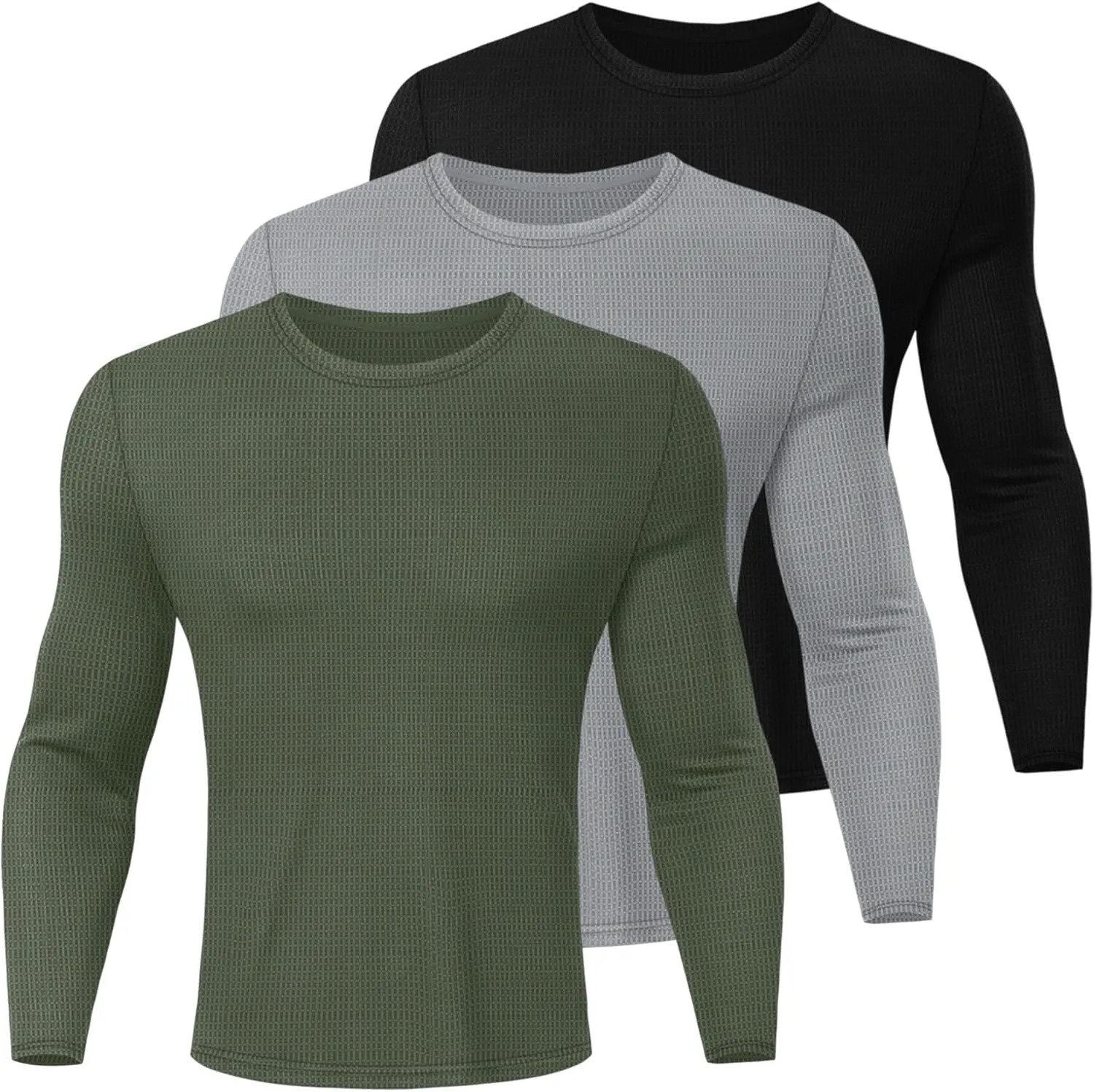 Ficerd 3 Pack Men's Waffle Long Sleeve Shirts, Crew Neck Thermal Underwear Tops Casual Pullover Sweaters Knit Undershirts