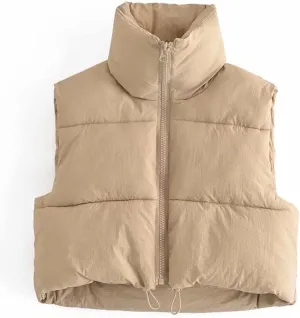 FindThy Womens Warm Cropped Puffer Vest Stand Collar Zip Up Winter Waistcoat Puffer Gilet