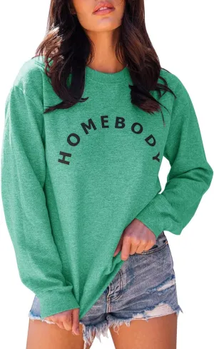 FISACE Womens Graphic Sweatshirt Crew Neck Solid Color Long Sleeve Casual Loose Letter Pullover Tops