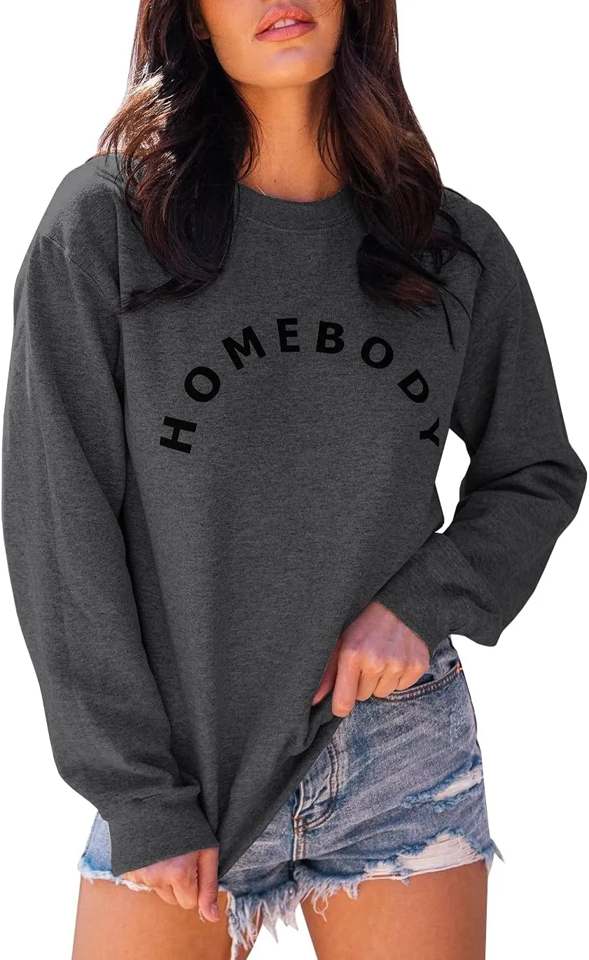 FISACE Womens Graphic Sweatshirt Crew Neck Solid Color Long Sleeve Casual Loose Letter Pullover Tops