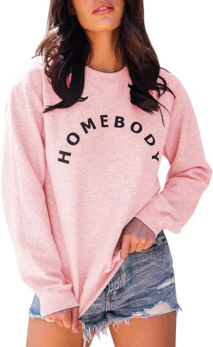 FISACE Womens Graphic Sweatshirt Crew Neck Solid Color Long Sleeve Casual Loose Letter Pullover Tops