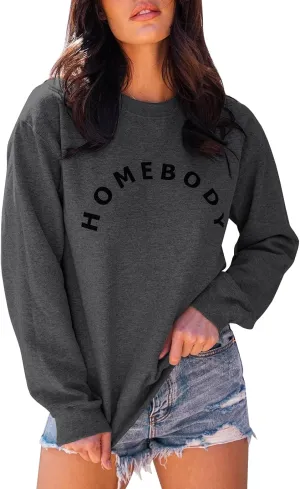 FISACE Womens Graphic Sweatshirt Crew Neck Solid Color Long Sleeve Casual Loose Letter Pullover Tops