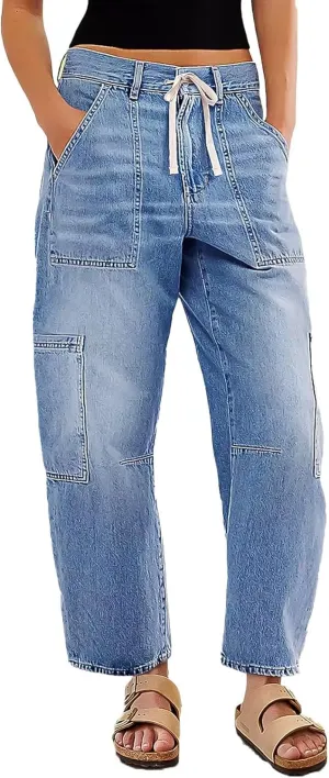 Flamingals Barrel Jeans for Women Mid Rise Drawstring Boyfriend Baggy Cropped Jeans Denim Ankle Pants with Multi Pocket