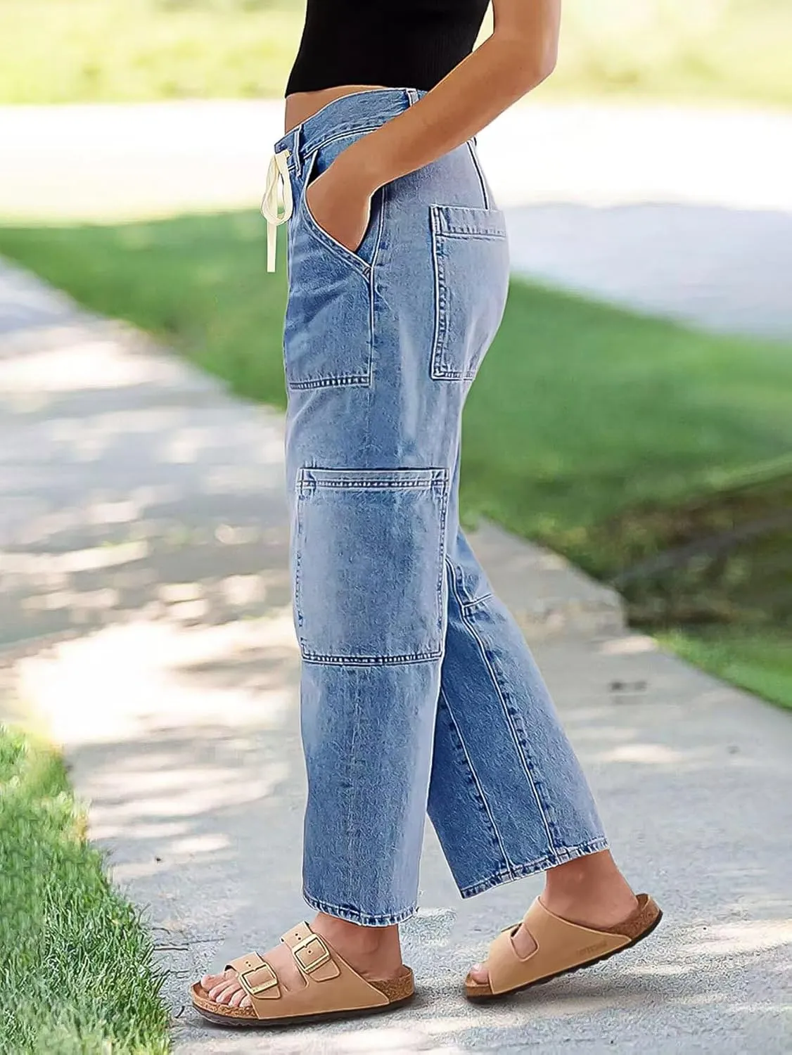 Flamingals Barrel Jeans for Women Mid Rise Drawstring Boyfriend Baggy Cropped Jeans Denim Ankle Pants with Multi Pocket
