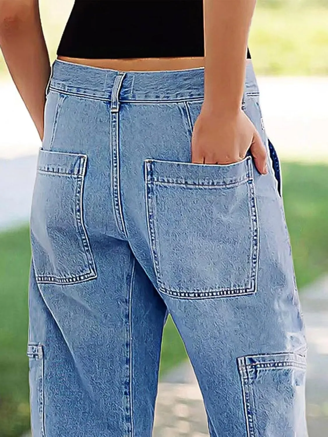 Flamingals Barrel Jeans for Women Mid Rise Drawstring Boyfriend Baggy Cropped Jeans Denim Ankle Pants with Multi Pocket