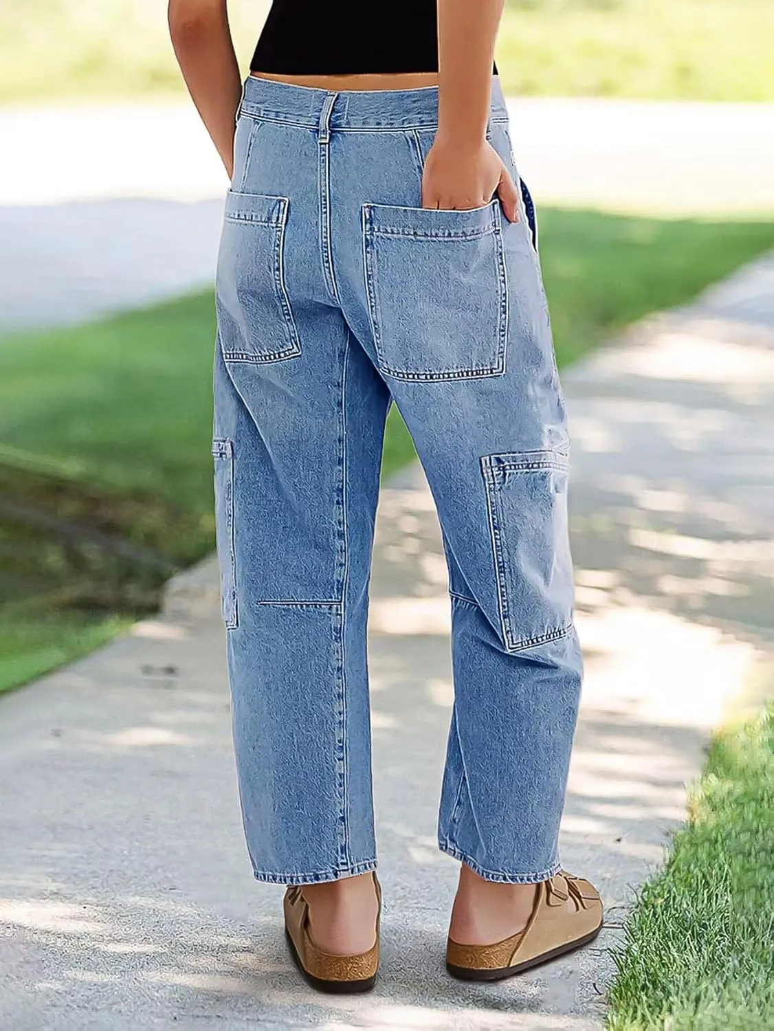 Flamingals Barrel Jeans for Women Mid Rise Drawstring Boyfriend Baggy Cropped Jeans Denim Ankle Pants with Multi Pocket