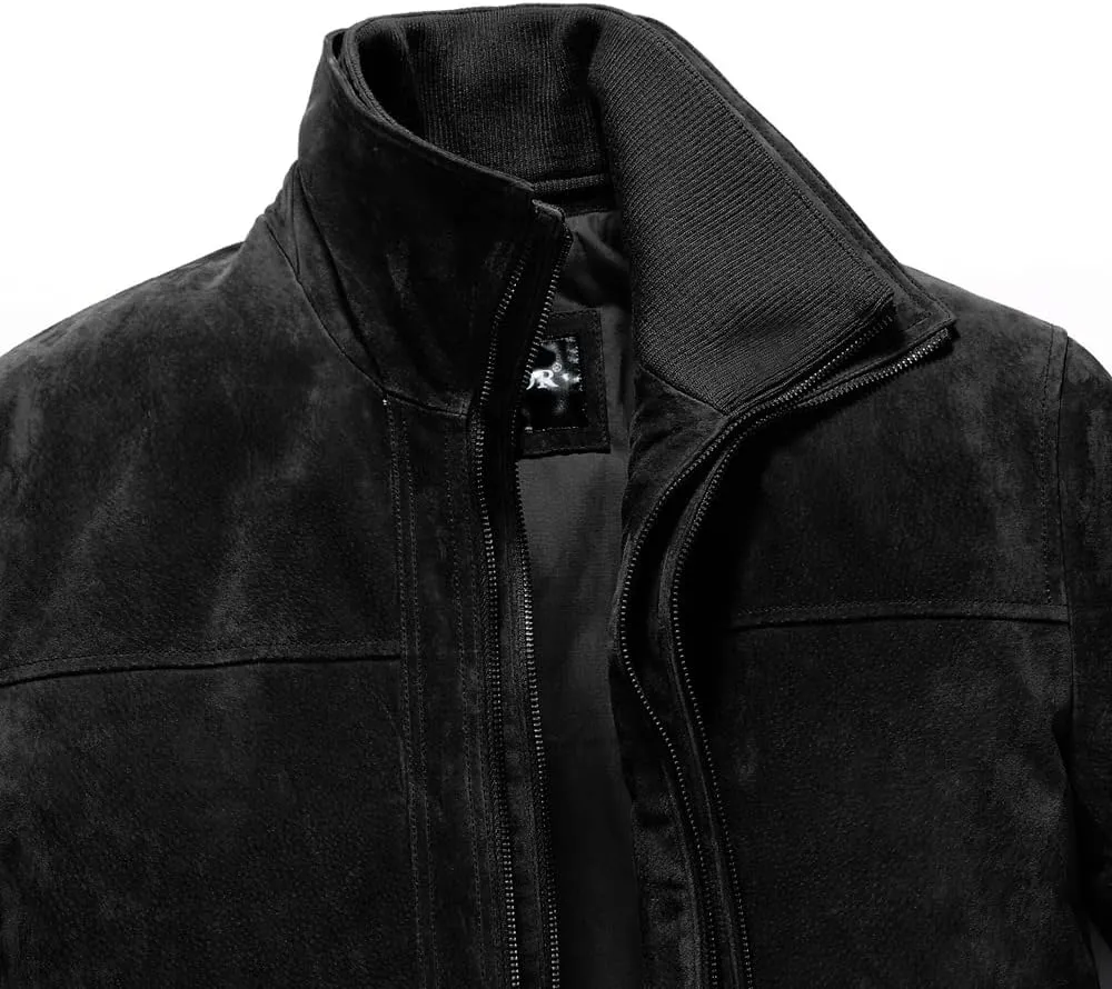 FLAVOR Men's Classic Leather Jacket Suede Winter Coat with Removable Collar