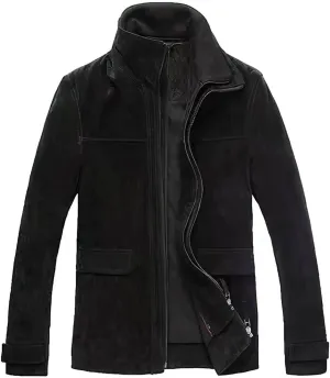 FLAVOR Men's Classic Leather Jacket Suede Winter Coat with Removable Collar